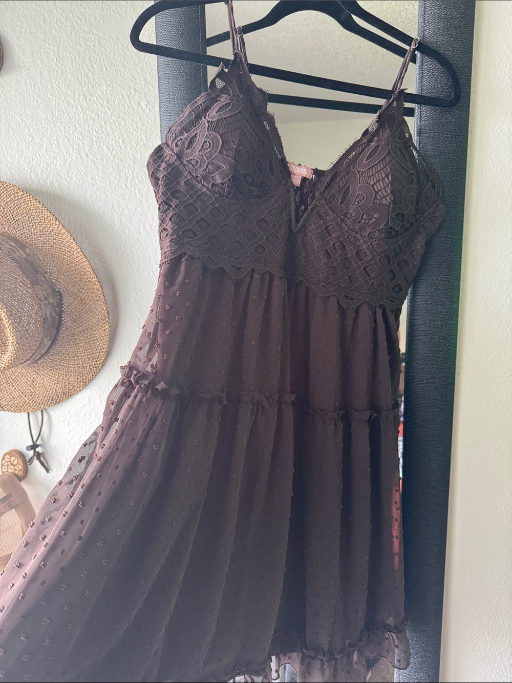 Lace Bust Tiered Midi Dress - Brown